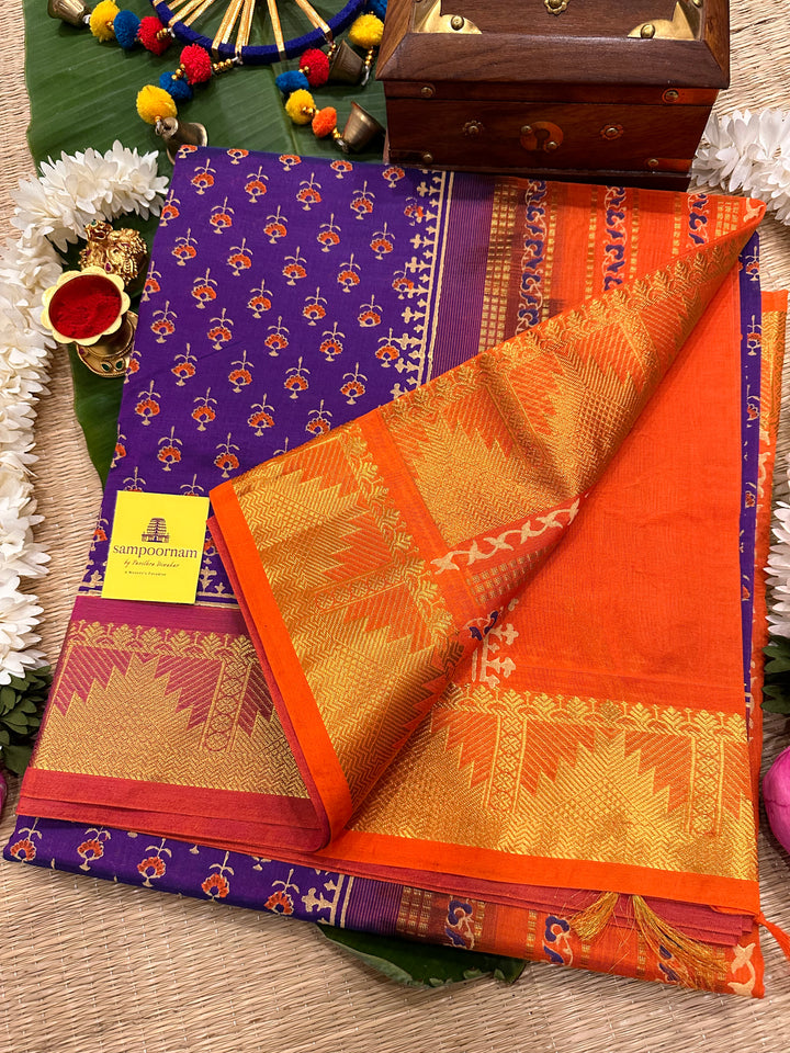 Purple with Orange Handblock Printed Silk Cotton Saree