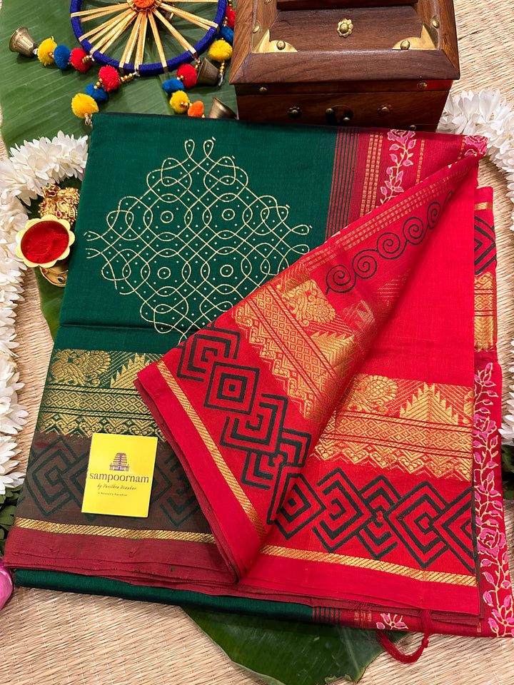 Green with Red Kolam Handblock Printed Silk Cotton Saree