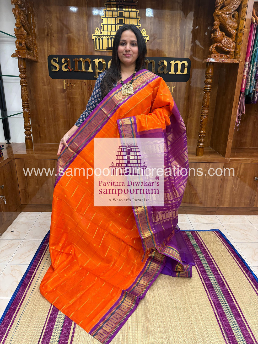 Orange with Purple , rich Zari butta , traditional borders and rich Pallu Korvai Silk Cotton Saree