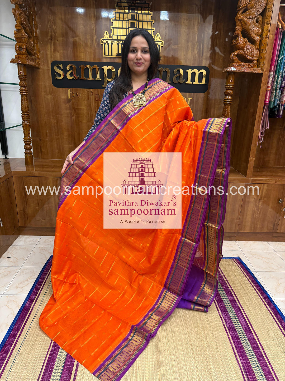 Orange with Purple , rich Zari butta , traditional borders and rich Pallu Korvai Silk Cotton Saree