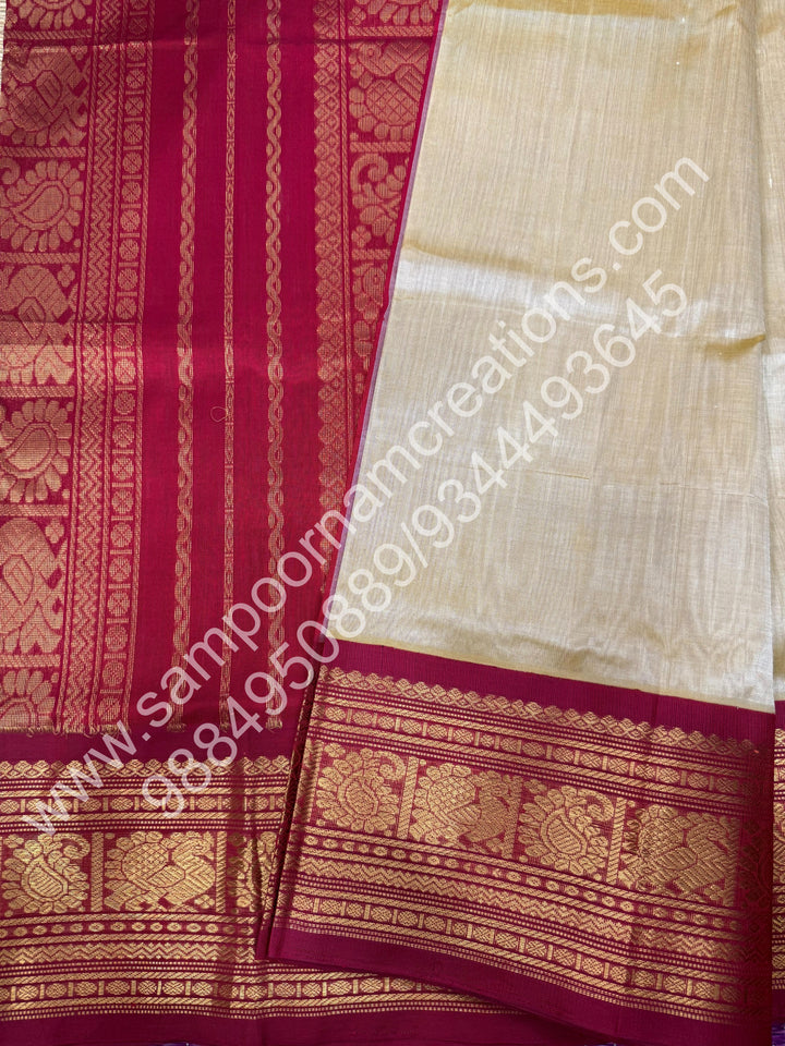 Light Gold with Red, Big Kanchi Border, Rich Pallu, Pure Korvai Silk Cotton Saree
