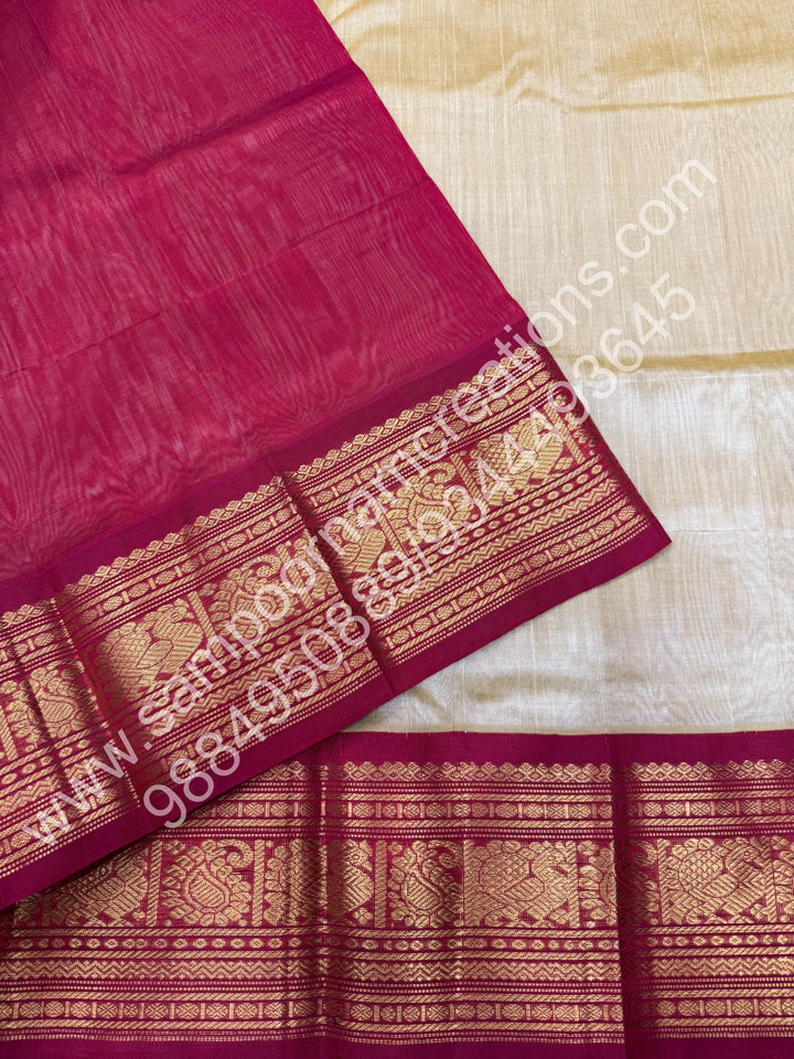Light Gold with Red, Big Kanchi Border, Rich Pallu, Pure Korvai Silk Cotton Saree