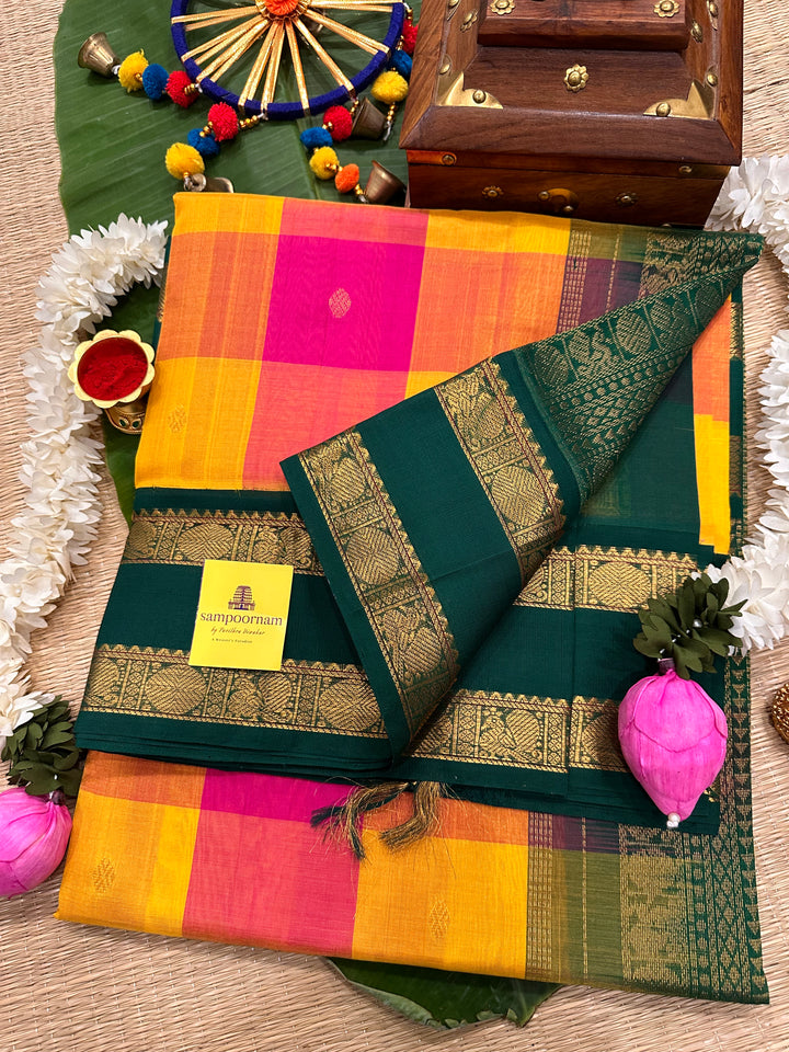Yellow and Pink Body Butta Checks with Green Rettapet  Korvai Silk Cotton Saree