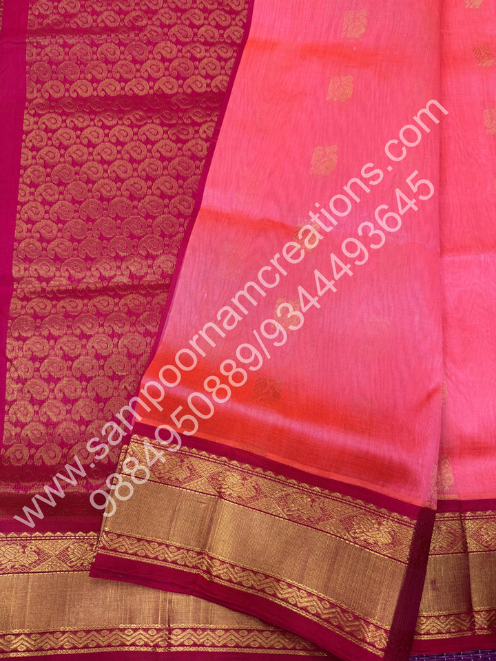 Pink with Dark Pink , Traditional Kanchi Silk Border, Rich Pallu, Pure Korvai Silk Cotton Saree
