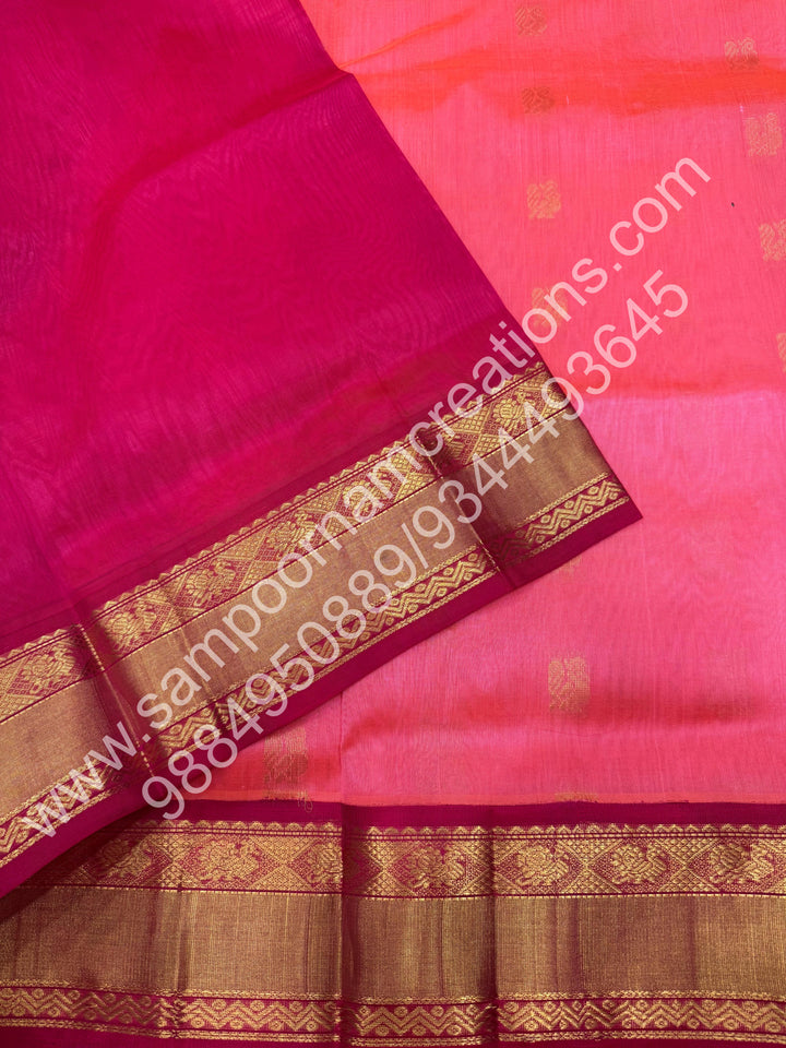 Pink with Dark Pink , Traditional Kanchi Silk Border, Rich Pallu, Pure Korvai Silk Cotton Saree