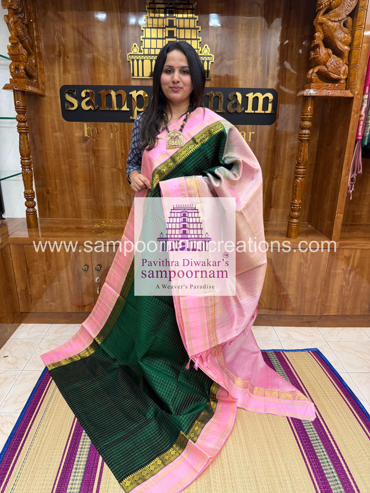 Green with Baby Pink  , Zari checks in the body , rettapet border and grand  Pallu Korvai Silk Cotton Saree