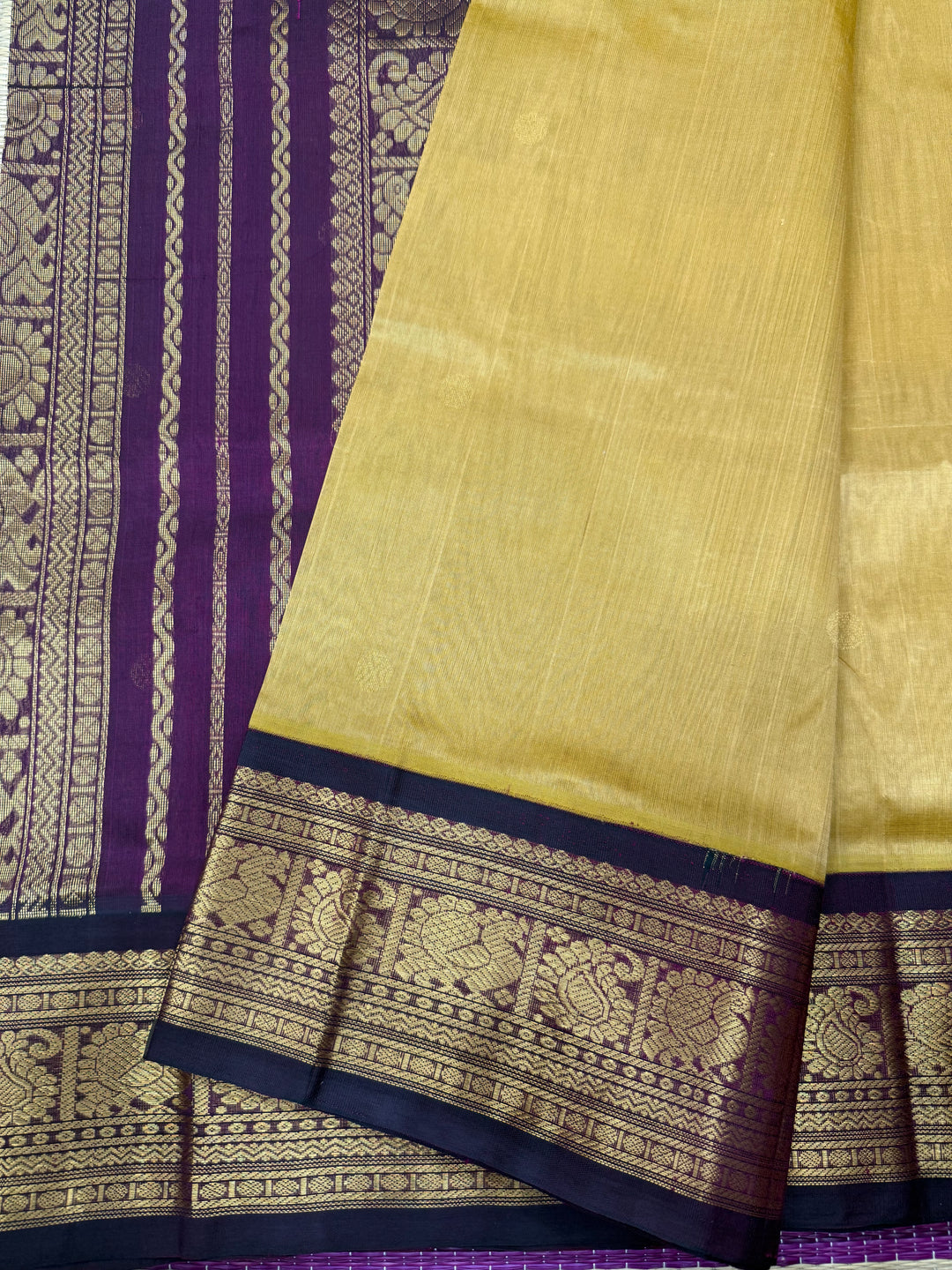 Gold with Arakku, Traditional Kanchi Border, Rich Pallu, Pure Korvai Silk Cotton Saree