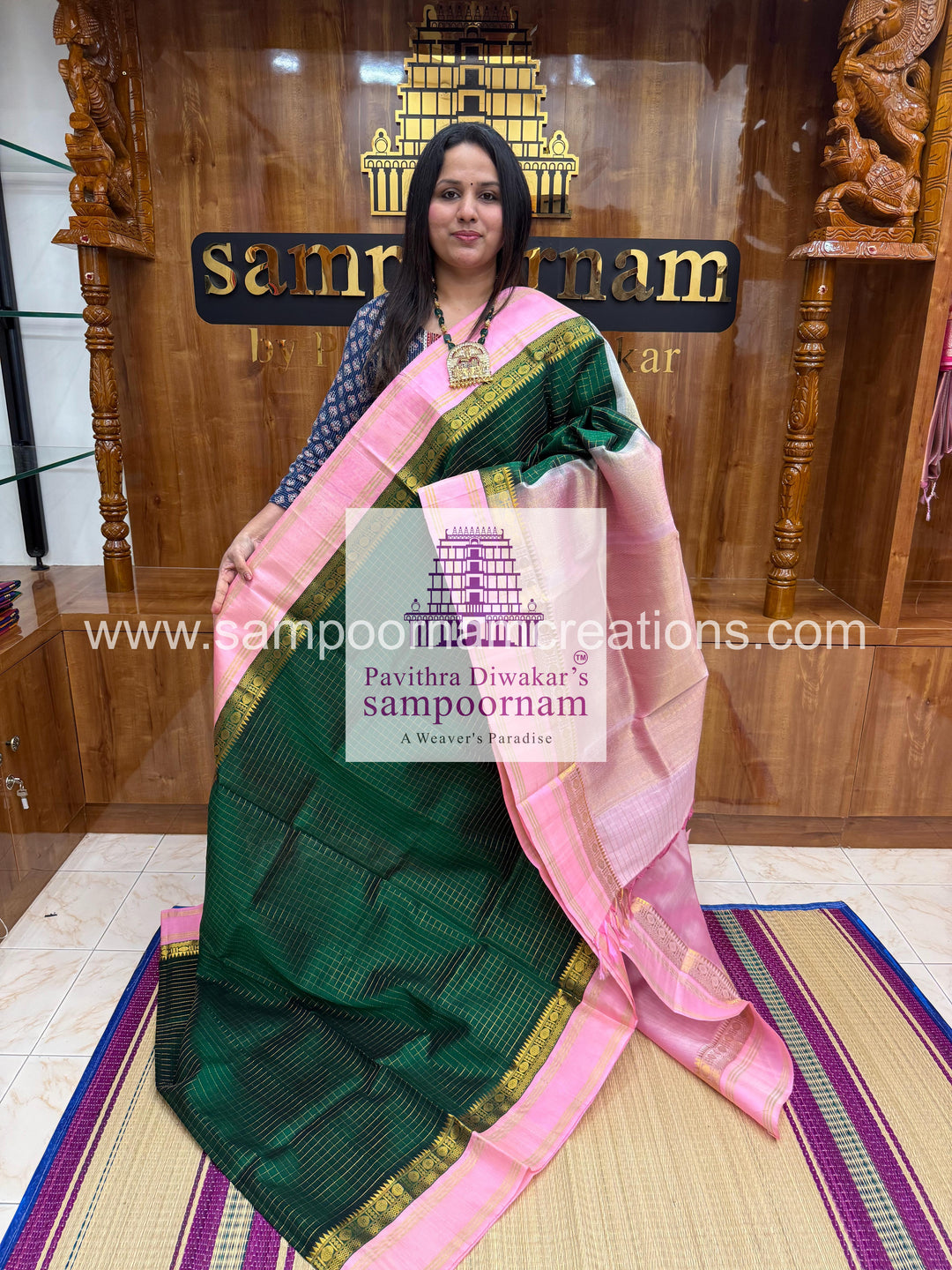 Green with Baby Pink  , Zari checks in the body , rettapet border and grand  Pallu Korvai Silk Cotton Saree