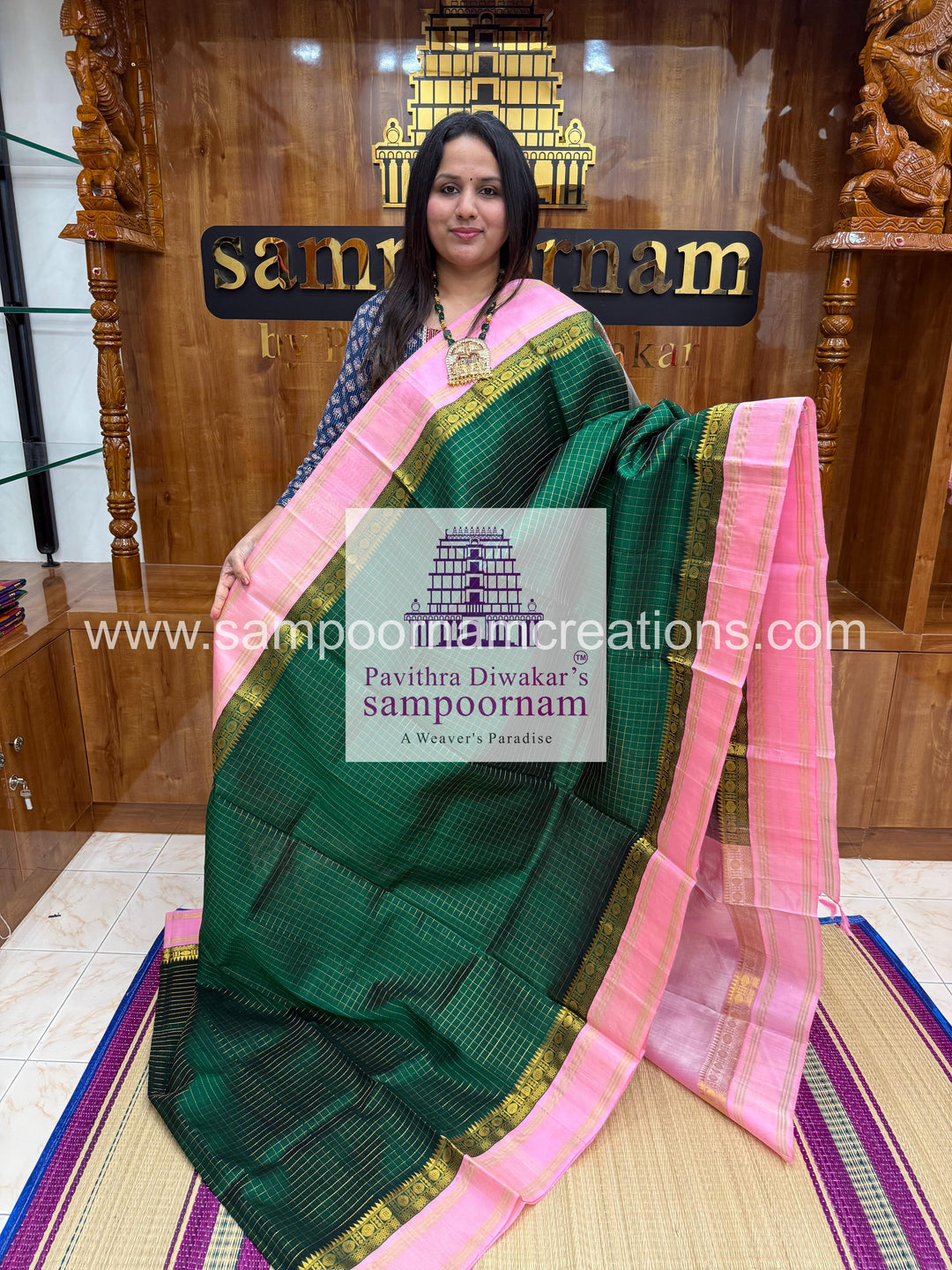 Green with Baby Pink  , Zari checks in the body , rettapet border and grand  Pallu Korvai Silk Cotton Saree