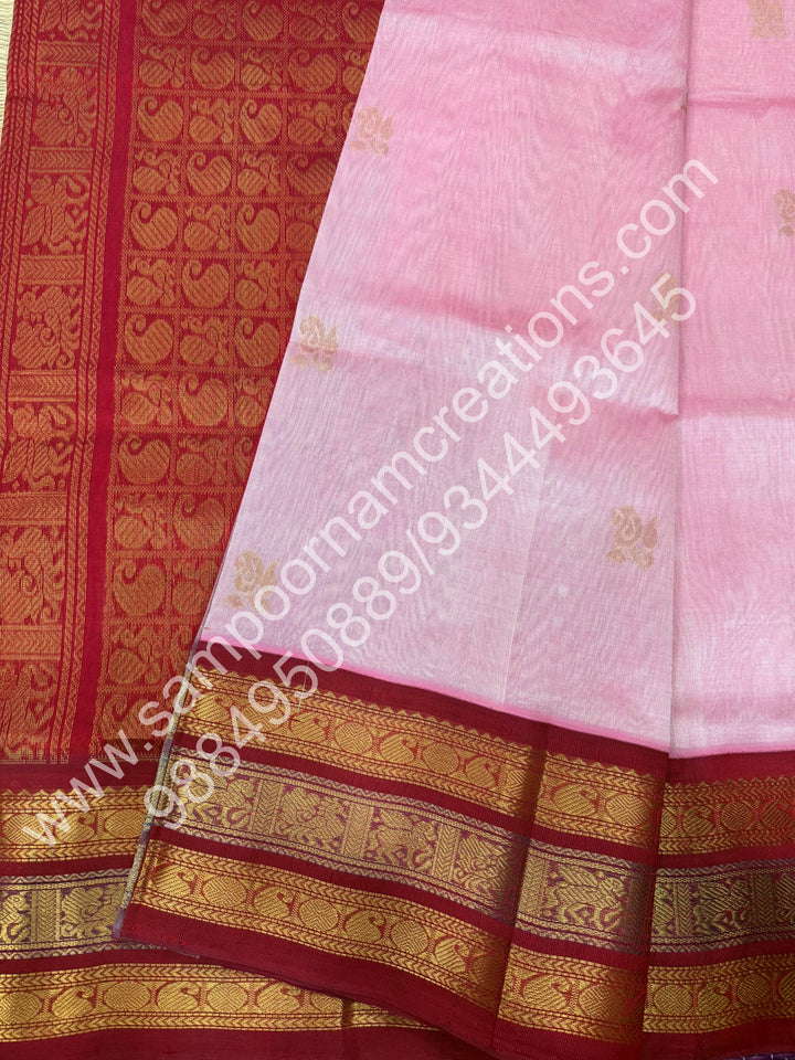 Onion Pink with Red, Triple Traditional Kanchi Border, Rich Pallu, Pure Korvai Silk Cotton Saree