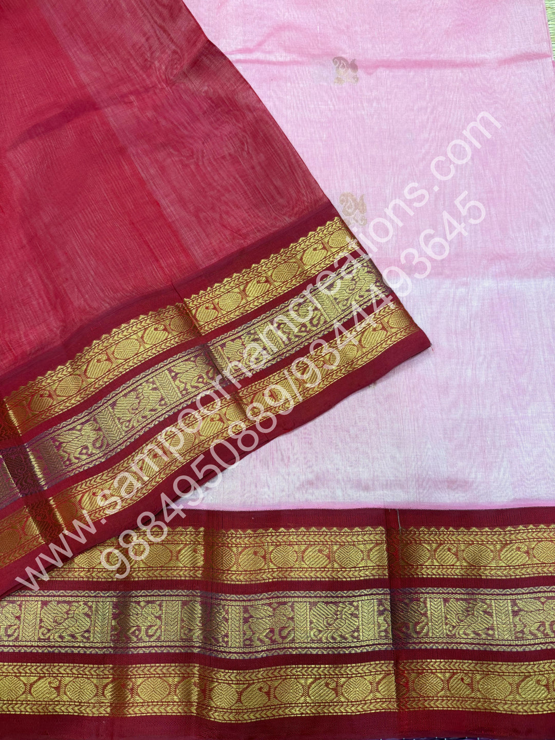 Onion Pink with Red, Triple Traditional Kanchi Border, Rich Pallu, Pure Korvai Silk Cotton Saree