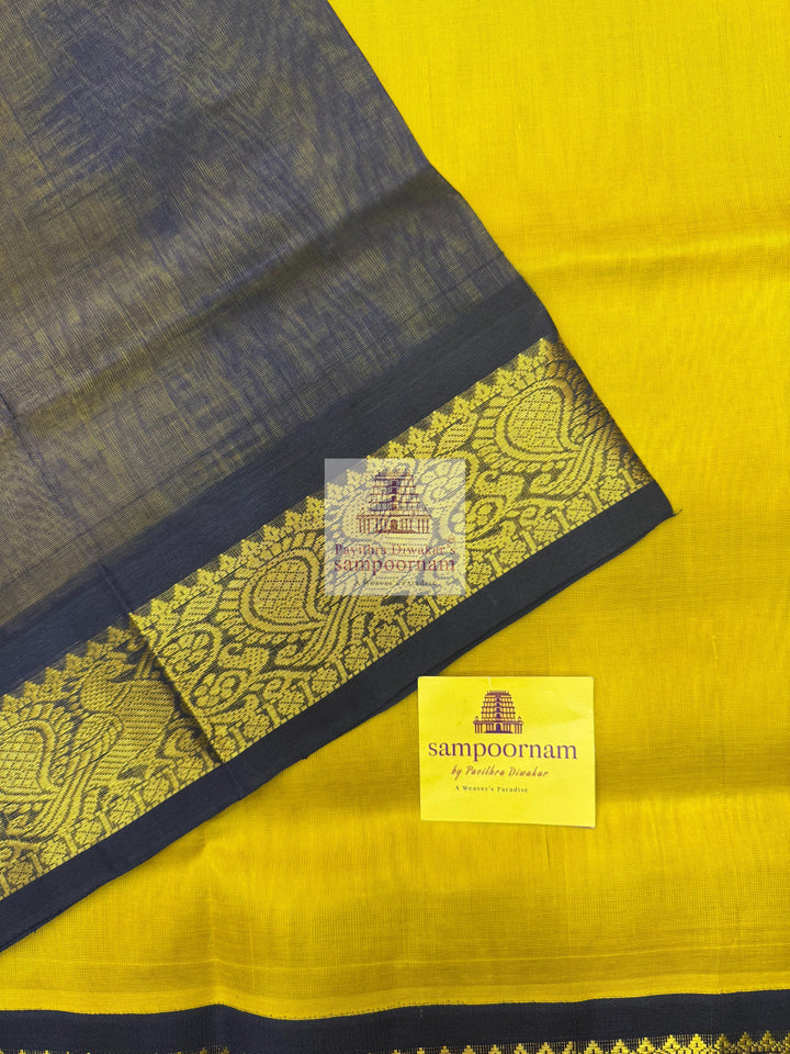 Lemon Yellow with Black , Annam Zari butta in the body with Silk rettapet border and rich  Pallu Korvai Silk Cotton Saree