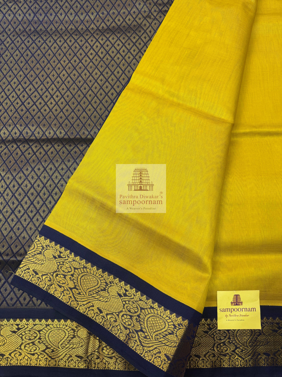 Lemon Yellow with Black , Annam Zari butta in the body with Silk rettapet border and rich  Pallu Korvai Silk Cotton Saree