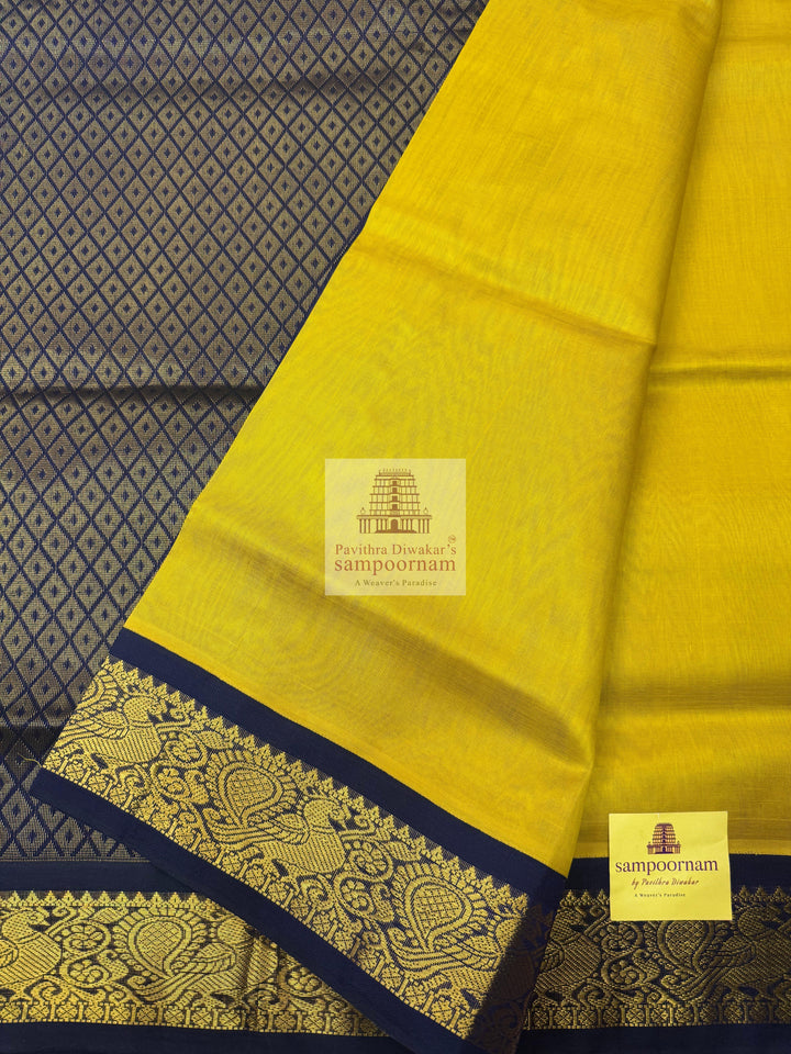 Lemon Yellow with Black , Annam Zari butta in the body with Silk rettapet border and rich  Pallu Korvai Silk Cotton Saree