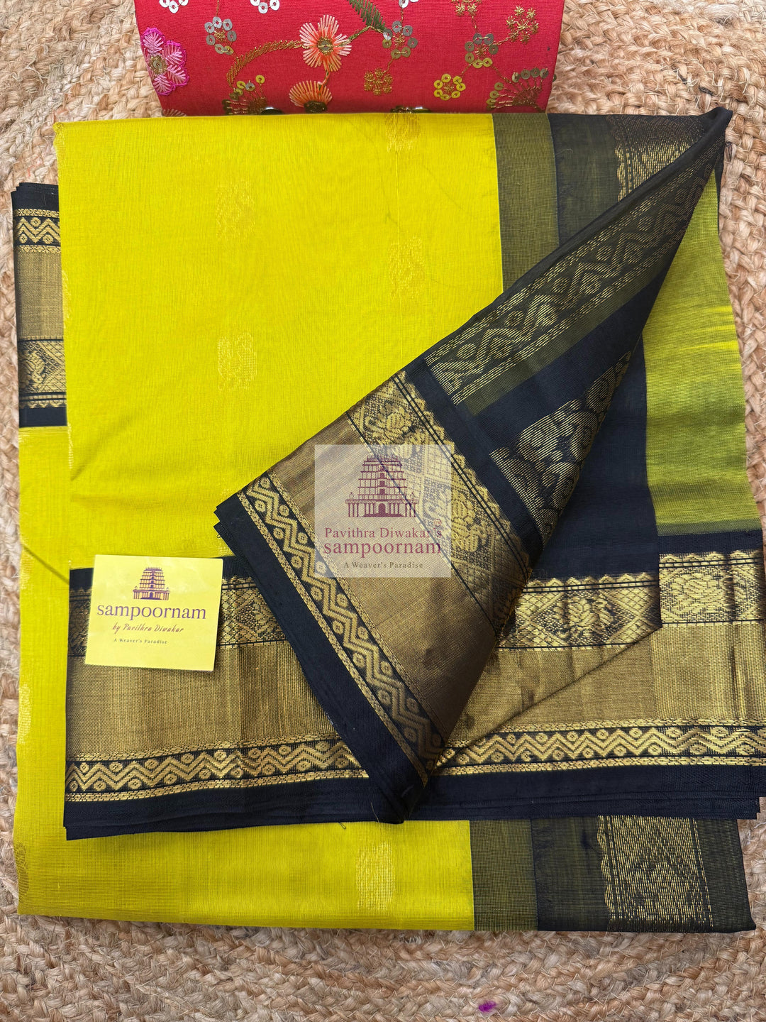 Lemon Yellow with Black , Annam Zari butta in the body with Silk rettapet border and rich  Pallu Korvai Silk Cotton Saree
