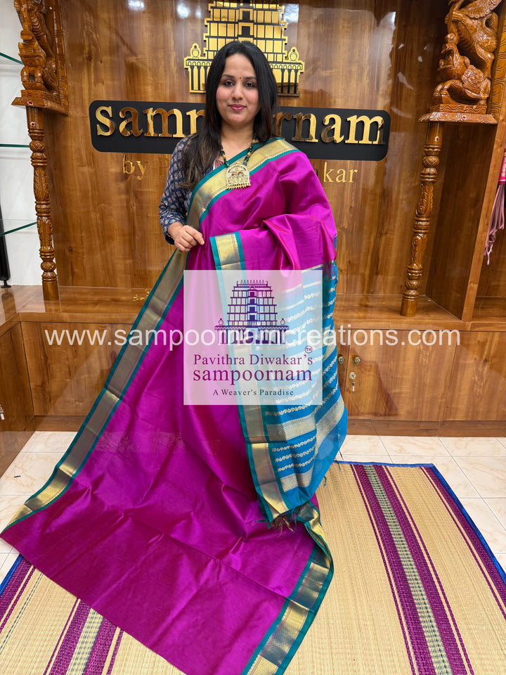 Vadamalli with Mayilkazhuthu Blue, traditional borders and rich Pallu Korvai Silk Cotton Saree