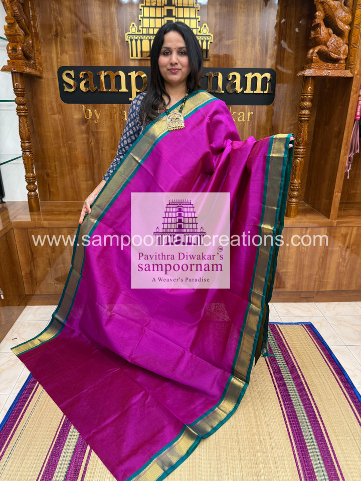 Vadamalli with Mayilkazhuthu Blue, traditional borders and rich Pallu Korvai Silk Cotton Saree