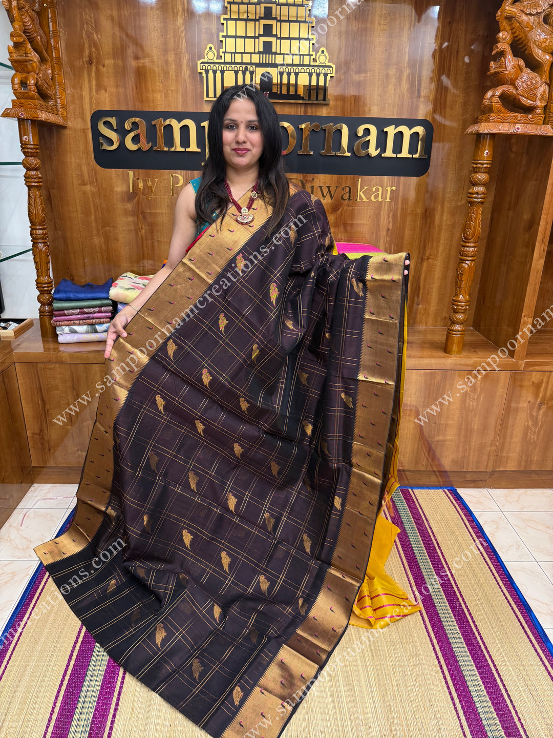 Brown with Mustard Yellow , rich Parrot Zari motif in the body and traditional Paithani Borders ,  grand Pallu Korvai Silk Cotton Saree