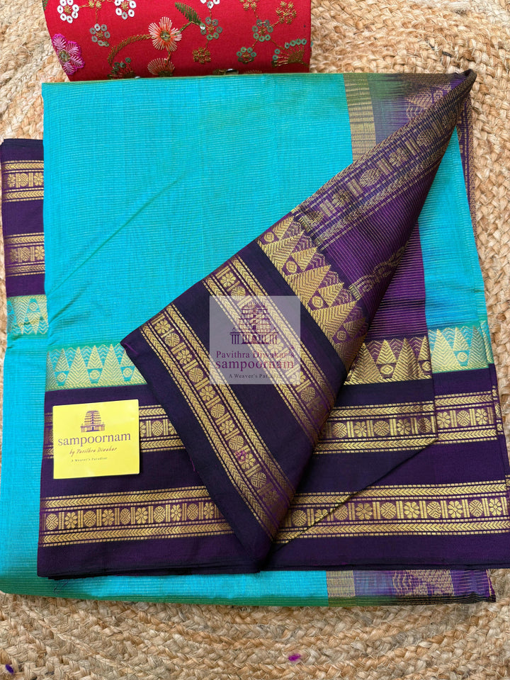 Ramar Blue with Purple , Vairaoosi Zari Lines in the body traditional borders and rich  Pallu Korvai Silk Cotton Saree
