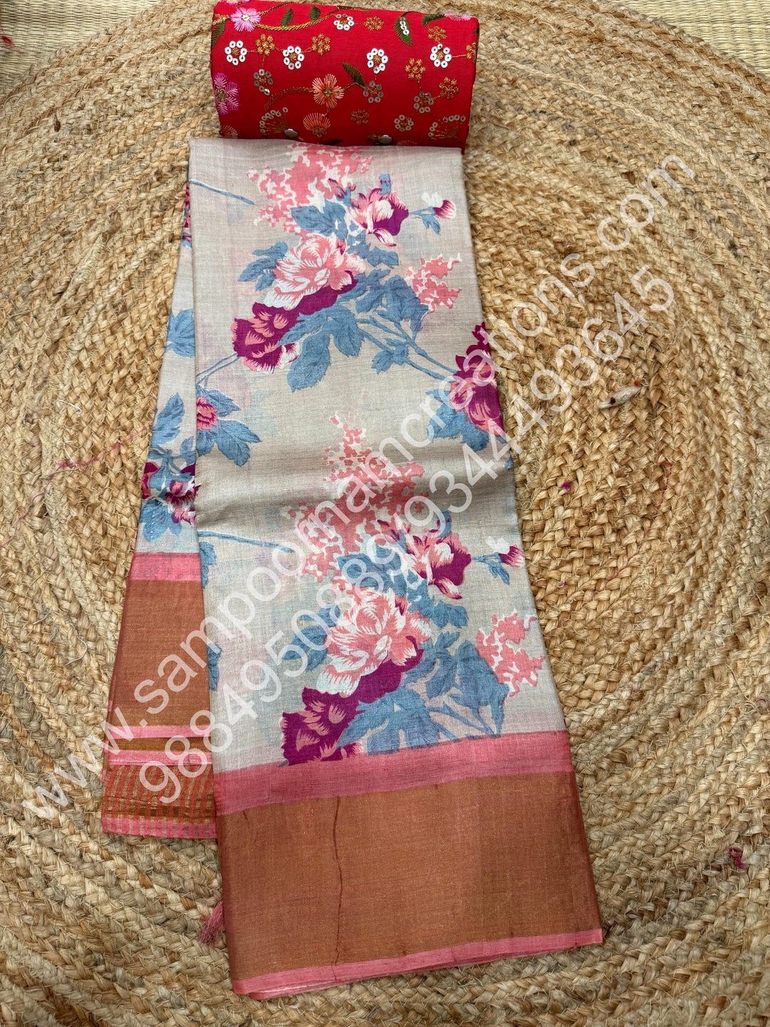 Beige with Peachish Pink, Floral Printed , Pure Tussar Silk Saree