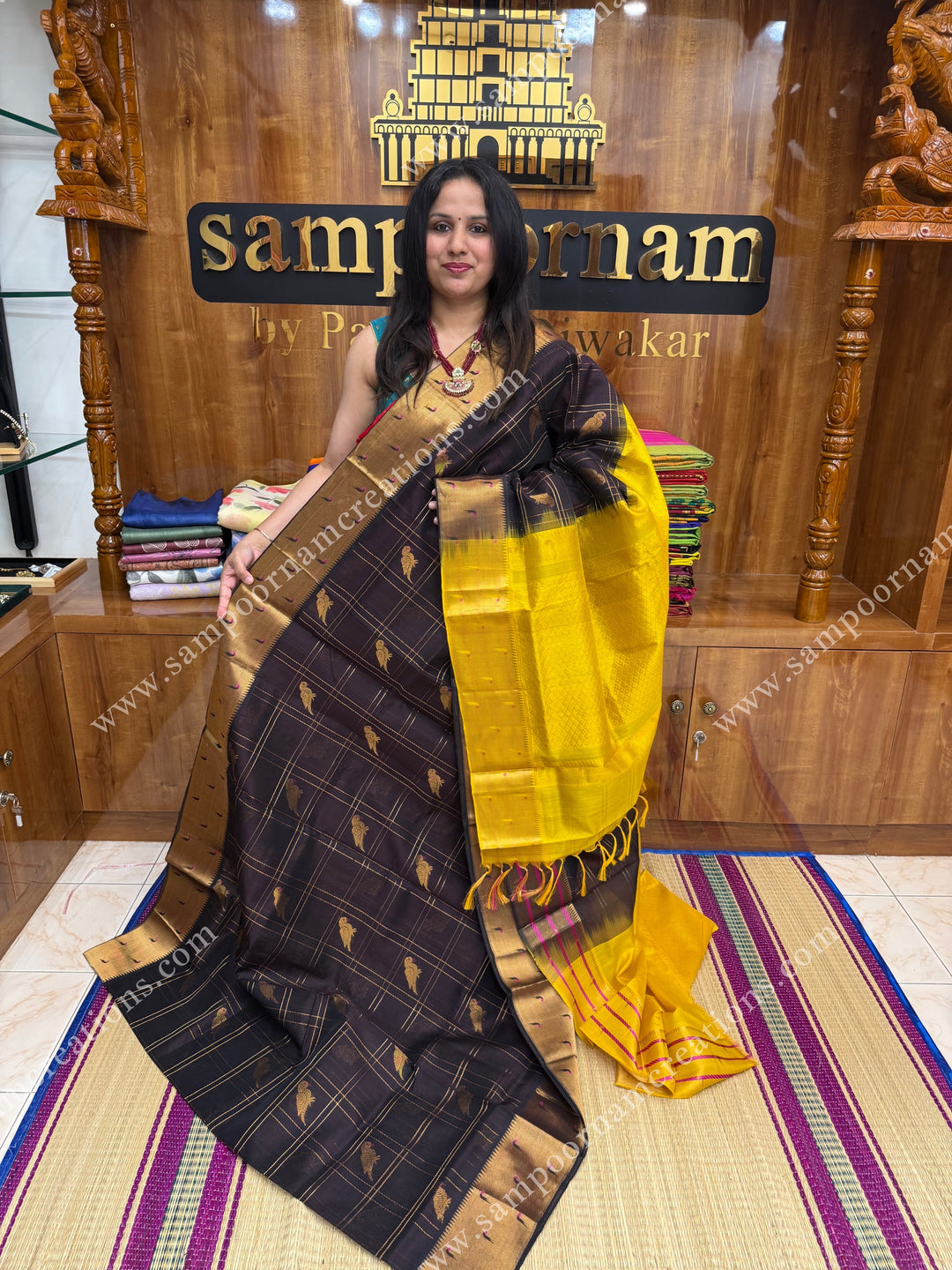 Brown with Mustard Yellow , rich Parrot Zari motif in the body and traditional Paithani Borders ,  grand Pallu Korvai Silk Cotton Saree