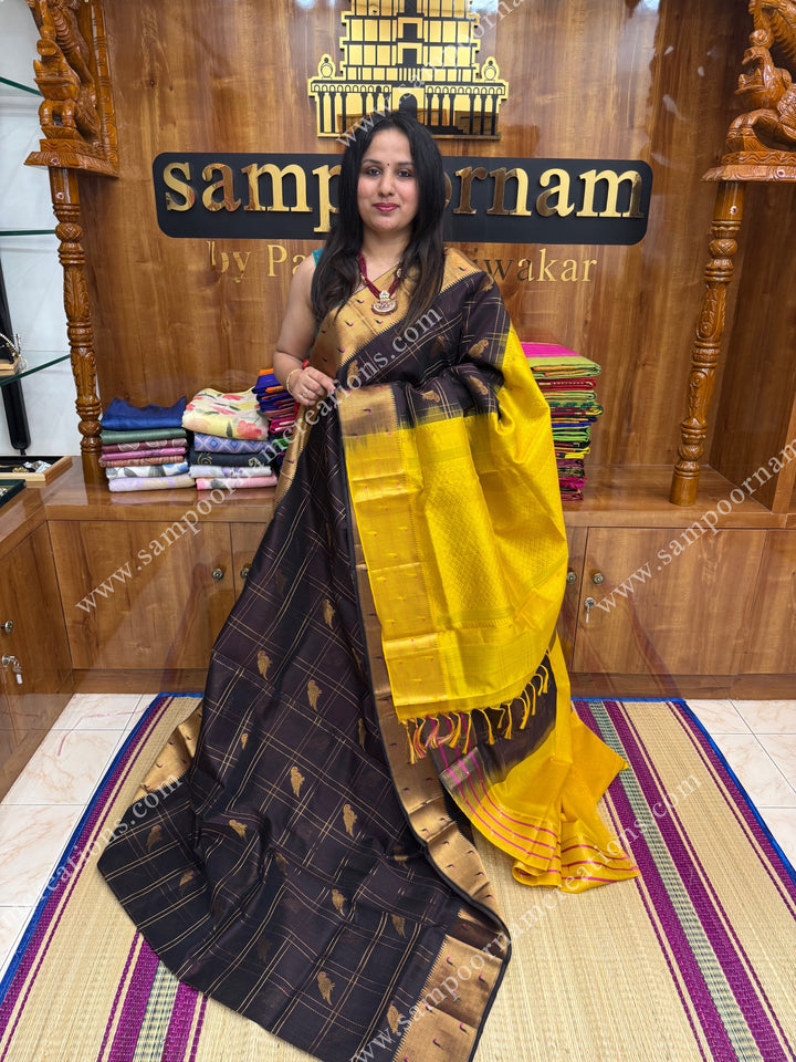 Brown with Mustard Yellow , rich Parrot Zari motif in the body and traditional Paithani Borders ,  grand Pallu Korvai Silk Cotton Saree