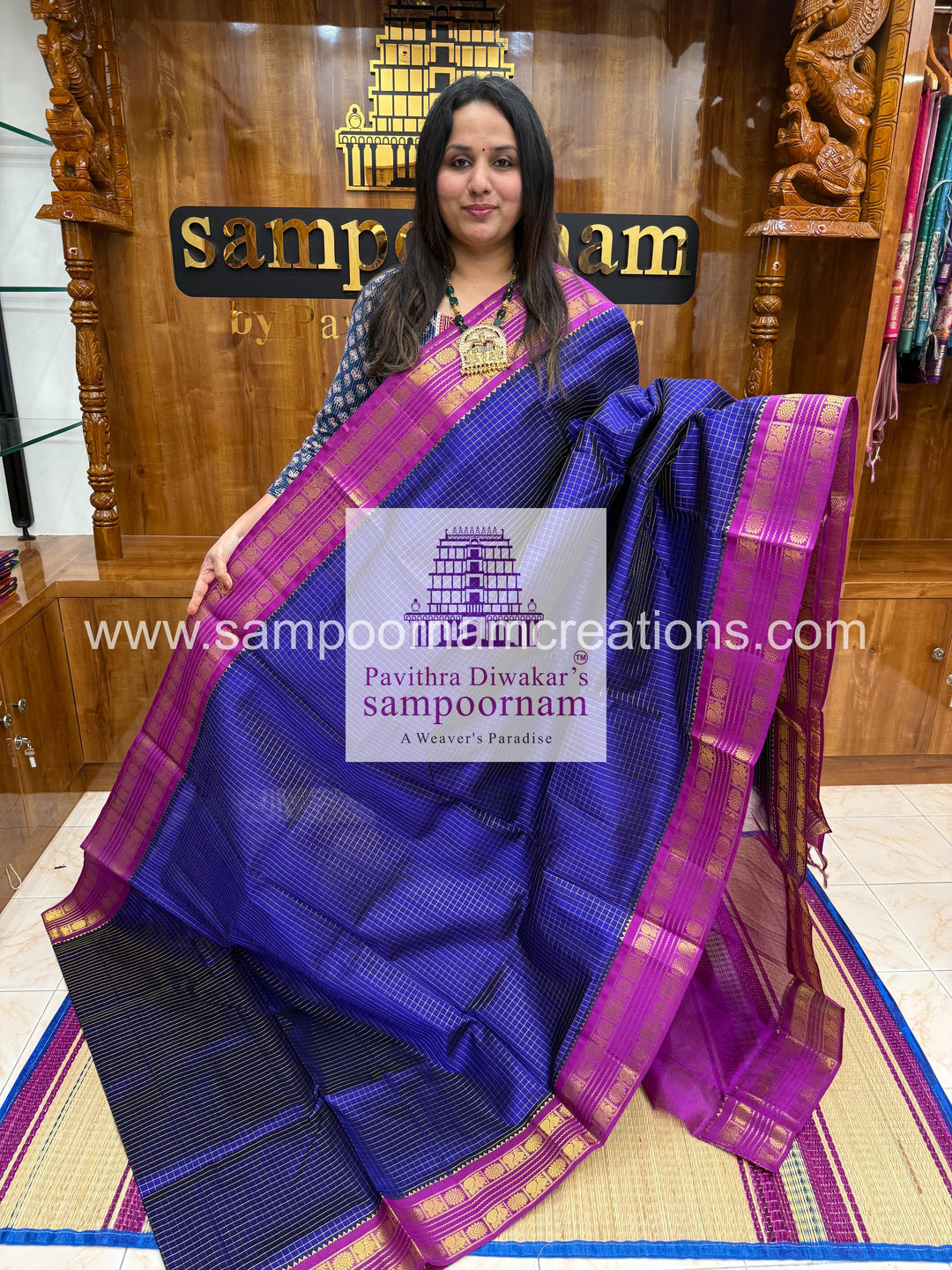 Blue with Purple , Zari checks in the body , traditional rettapet border and rich Pallu Korvai Silk Cotton Saree