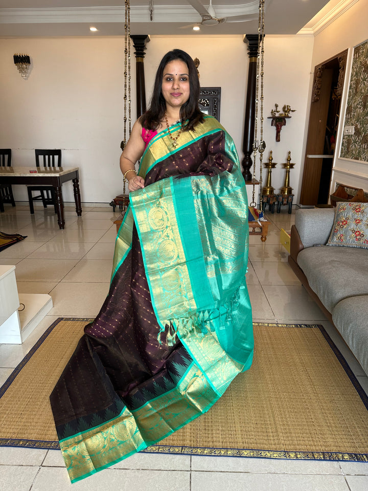 Dark Brown with Sea Green , body podi kattam with Zari Butta , Grand Pallu Korvai Silk Cotton Saree