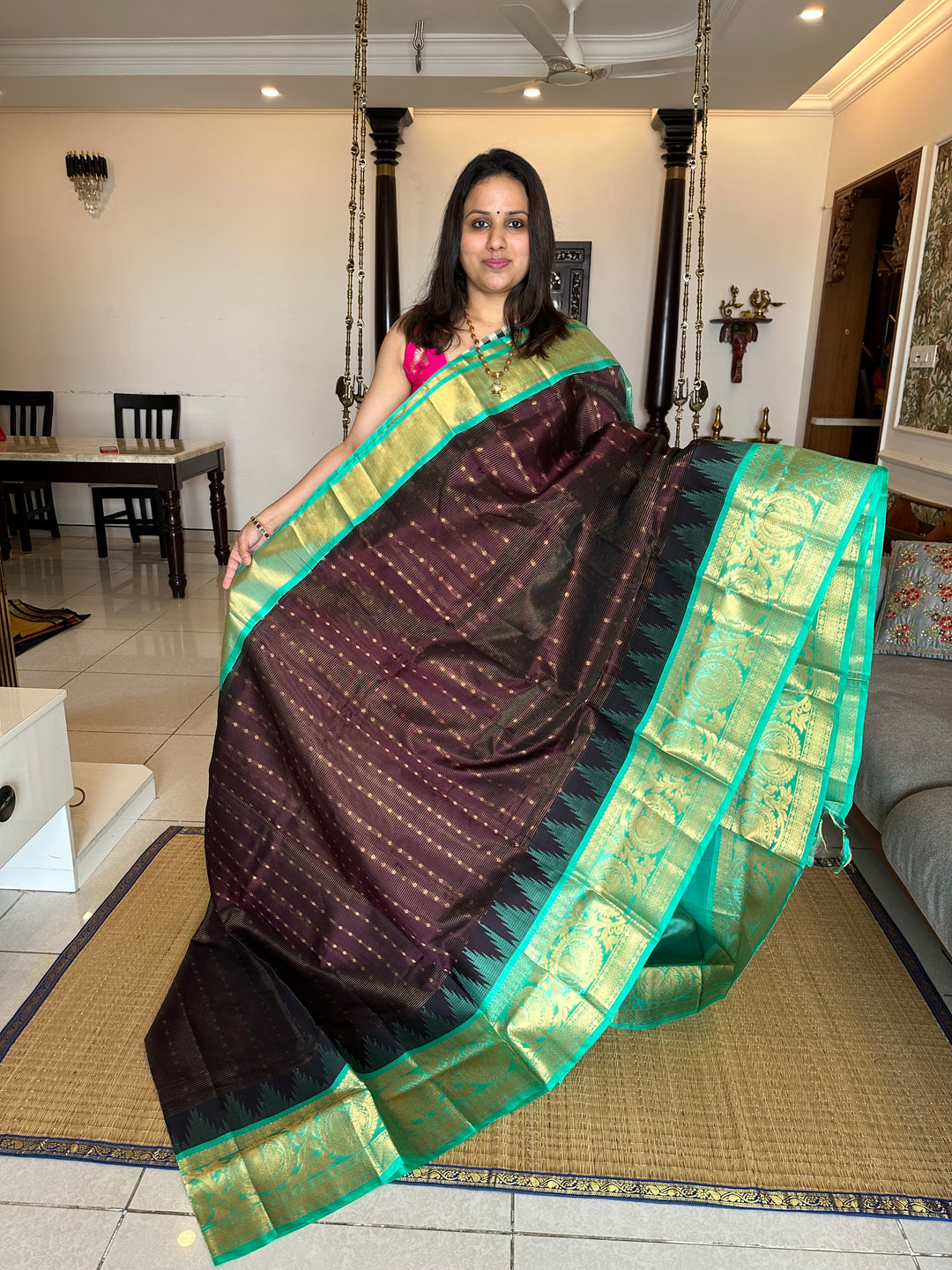 Dark Brown with Sea Green , body podi kattam with Zari Butta , Grand Pallu Korvai Silk Cotton Saree