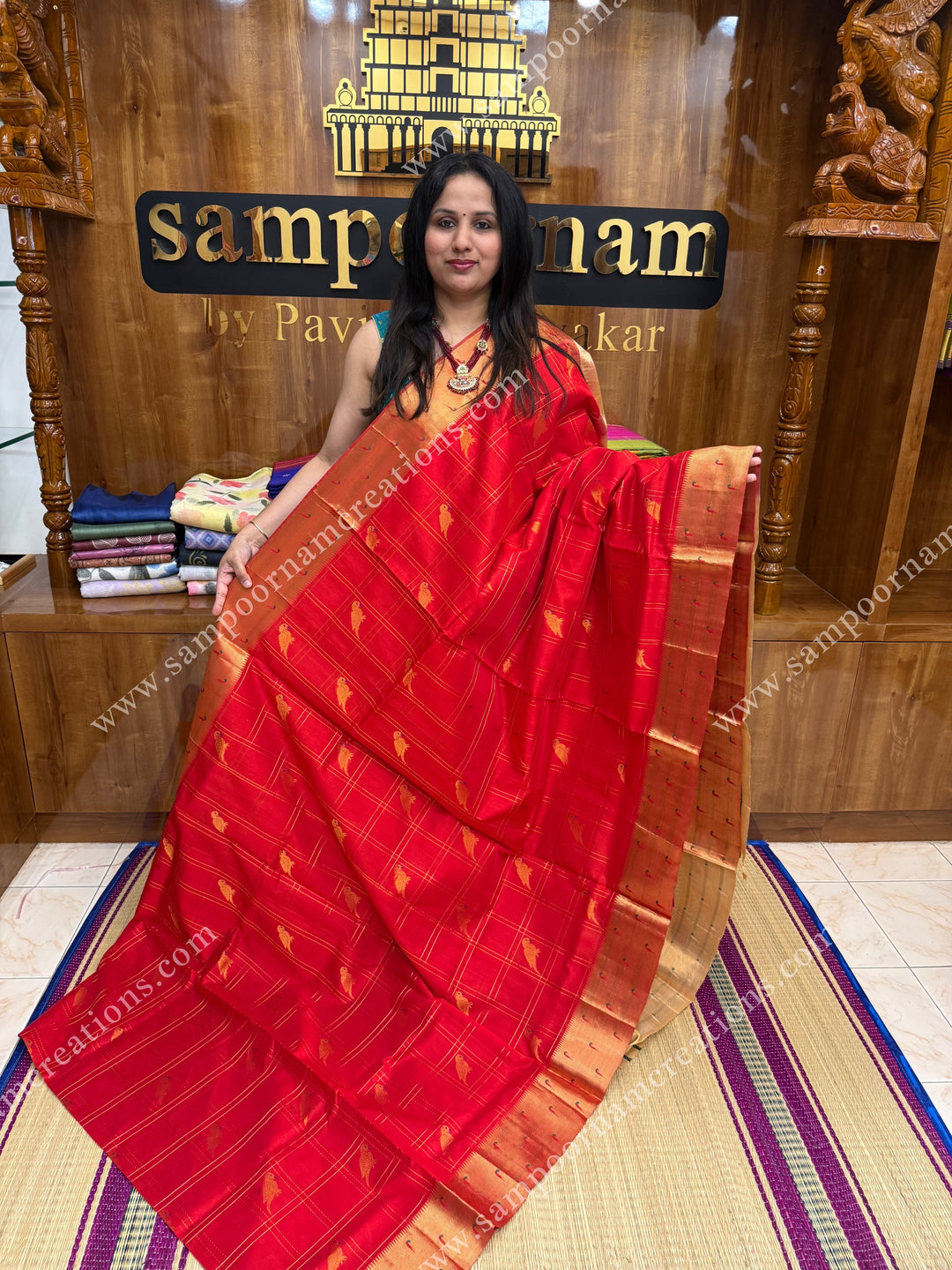 Red with Cream , rich Parrot Zari motif in the body and traditional Paithani Borders,  grand Pallu Silk Cotton Saree