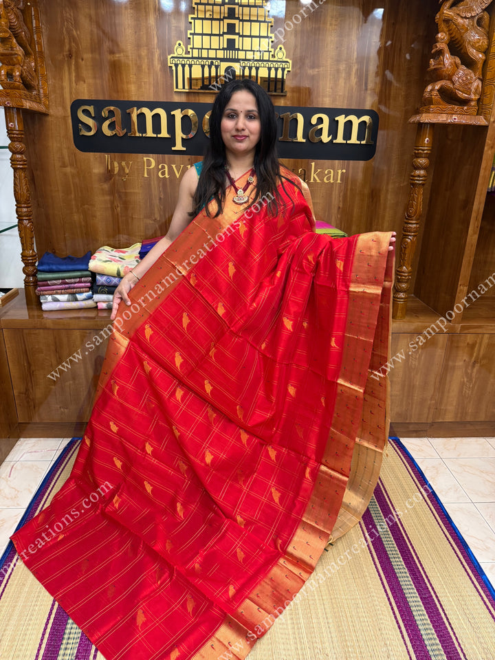 Red with Cream , rich Parrot Zari motif in the body and traditional Paithani Borders,  grand Pallu Silk Cotton Saree