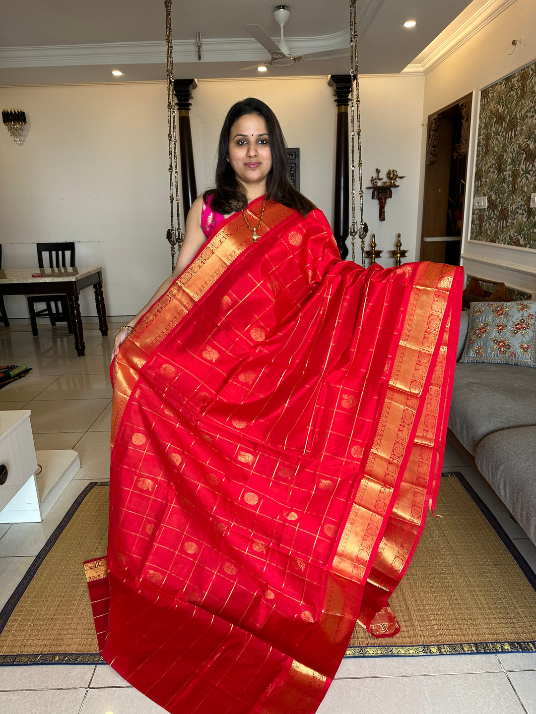 Chilli Red Mayil Chakram Silk Cotton Saree