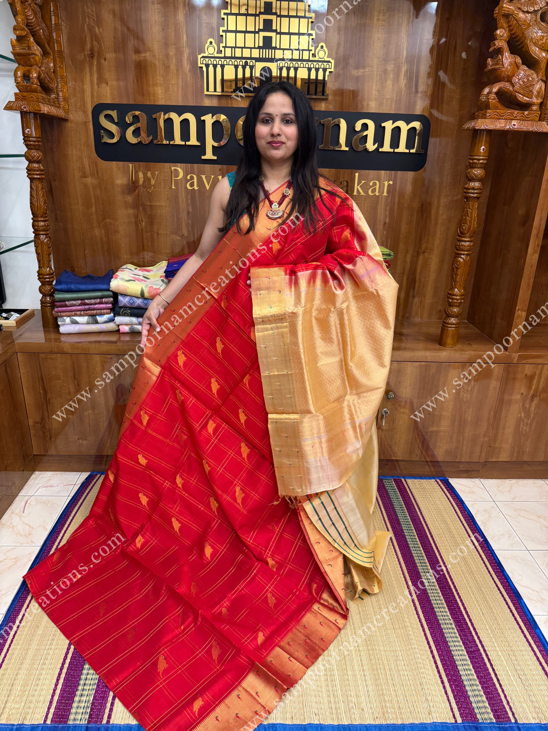 Red with Cream , rich Parrot Zari motif in the body and traditional Paithani Borders,  grand Pallu Silk Cotton Saree