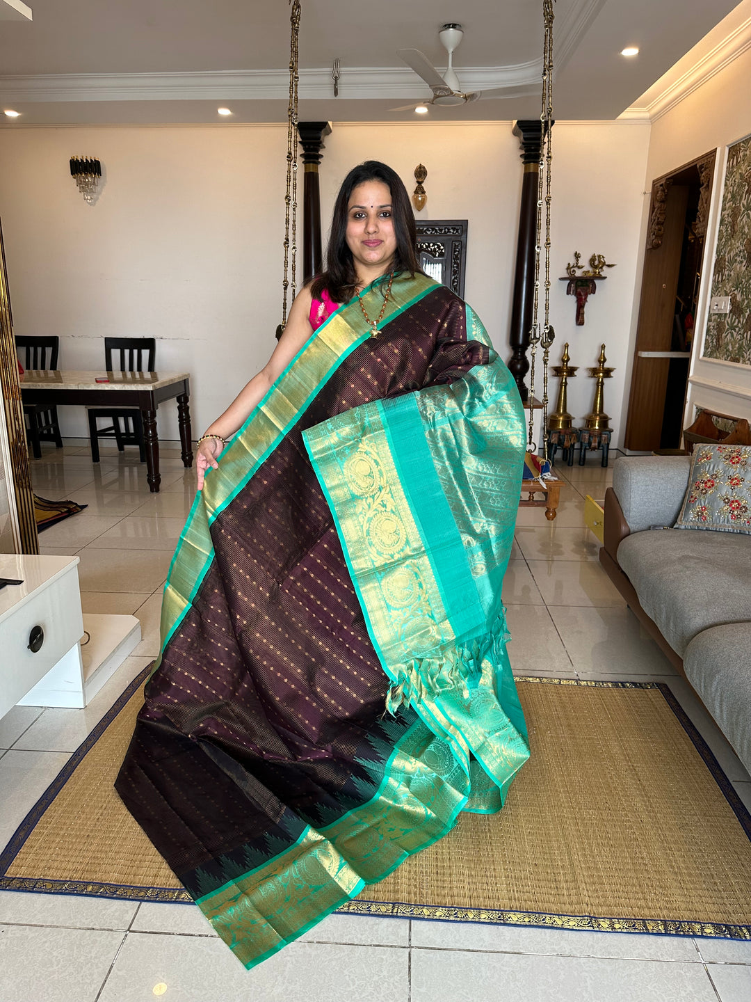 Dark Brown with Sea Green , body podi kattam with Zari Butta , Grand Pallu Korvai Silk Cotton Saree