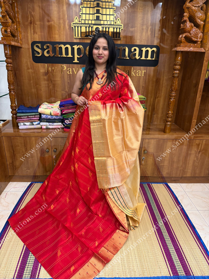 Red with Cream , rich Parrot Zari motif in the body and traditional Paithani Borders,  grand Pallu Silk Cotton Saree