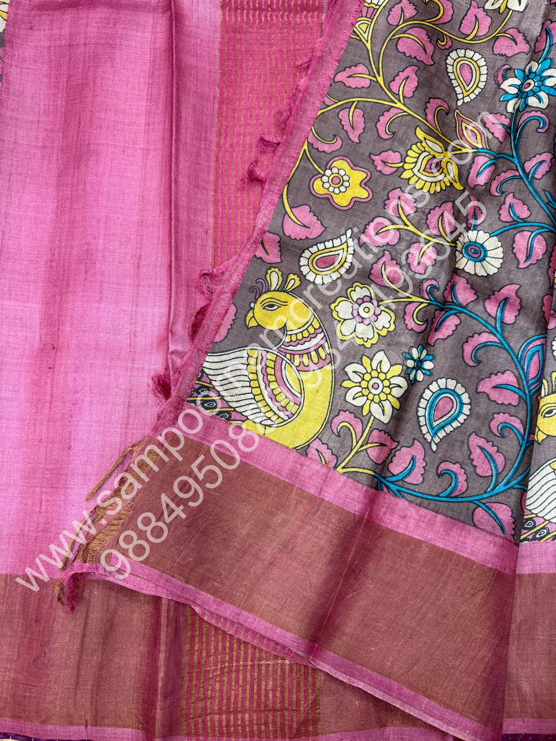 Muave with Pink, Kalamkari Printed ,Pure Tussar Silk Saree
