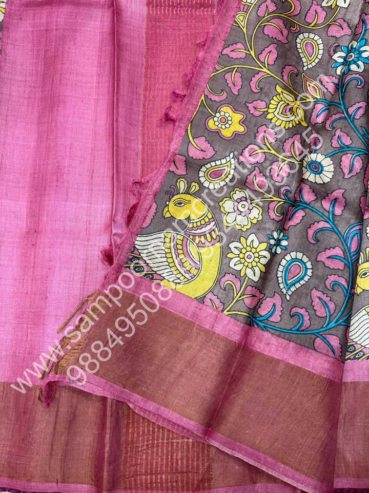 Muave with Pink, Kalamkari Printed ,Pure Tussar Silk Saree
