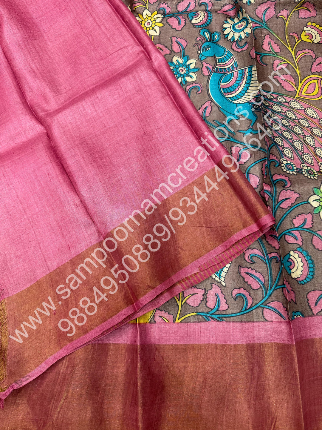 Muave with Pink, Kalamkari Printed ,Pure Tussar Silk Saree