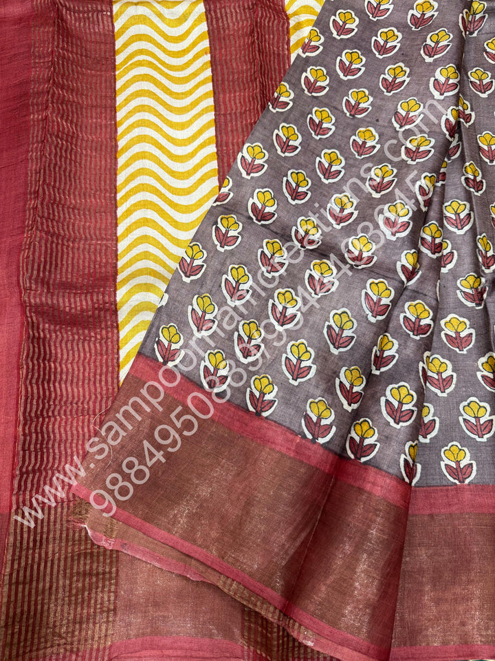 Grey with Brick red, Floral Handblock Printed , Pure Tussar Silk Saree