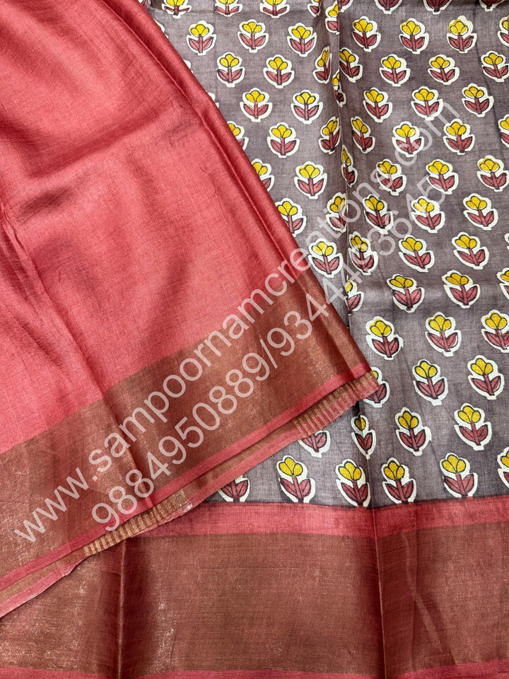 Grey with Brick red, Floral Handblock Printed , Pure Tussar Silk Saree