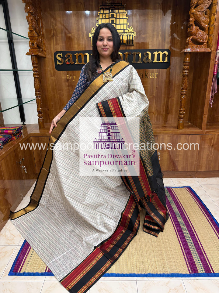 White with Black  , Lakshadeepam Thread Work in the Body, traditional borders and rich Pallu Korvai Silk Cotton saree