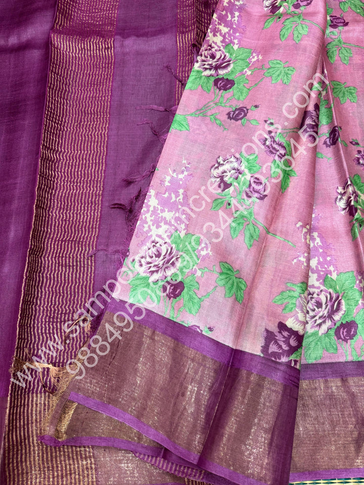 Pink with Purple, Floral Printed , Pure Tussar Silk Saree