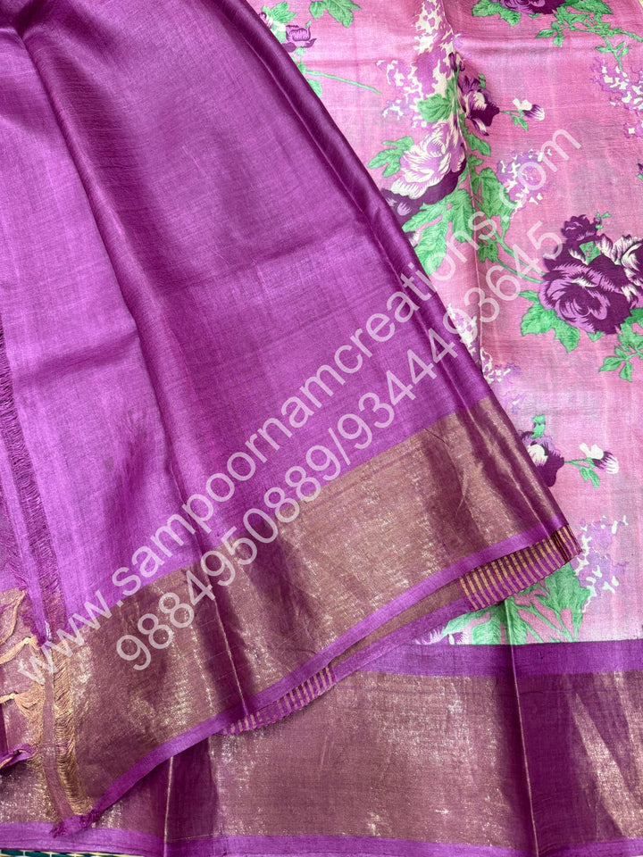 Pink with Purple, Floral Printed , Pure Tussar Silk Saree