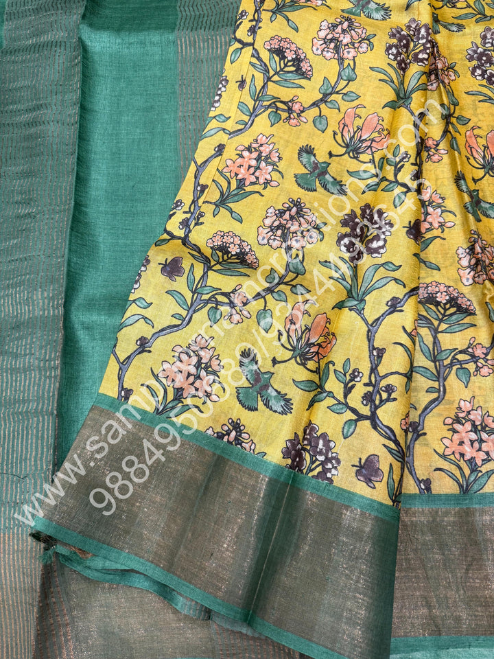 Yellow with Green, Floral Printed , Pure Tussar Silk Saree