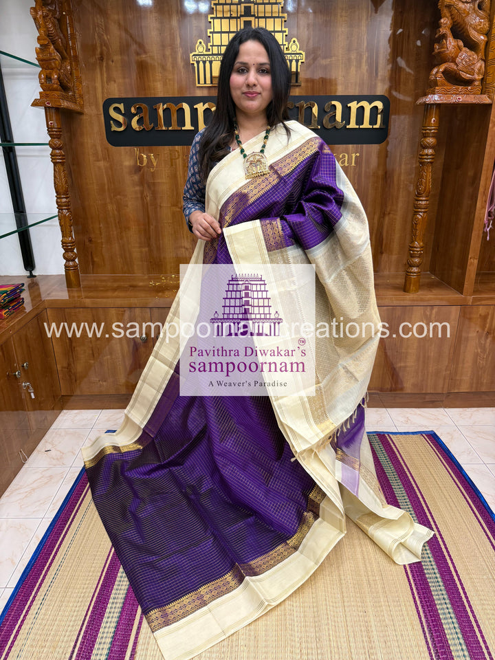 Purple with Offwhite  ,rettapet  Zari checks in the body and grand Pallu Korvai Silk Cotton Saree