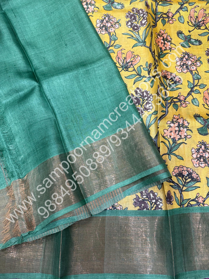 Yellow with Green, Floral Printed , Pure Tussar Silk Saree