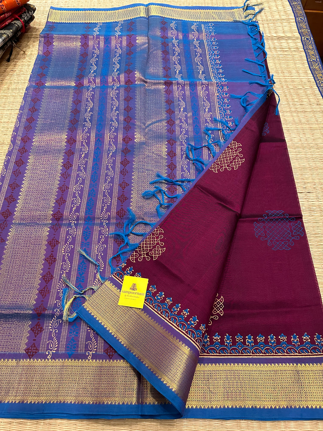 Plum Colour with Blue Kolam Handblock Printed Silk Cotton Saree