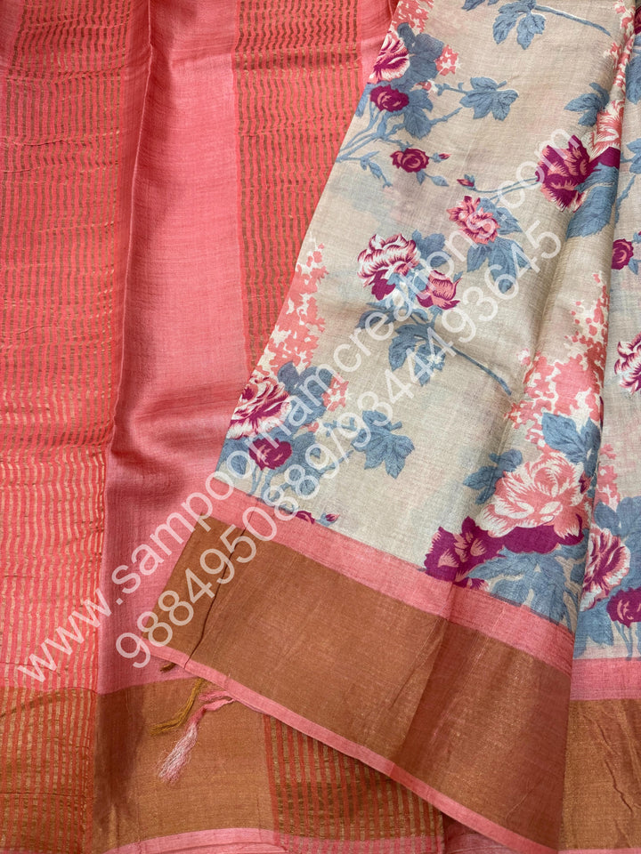 Beige with Peachish Pink, Floral Printed , Pure Tussar Silk Saree