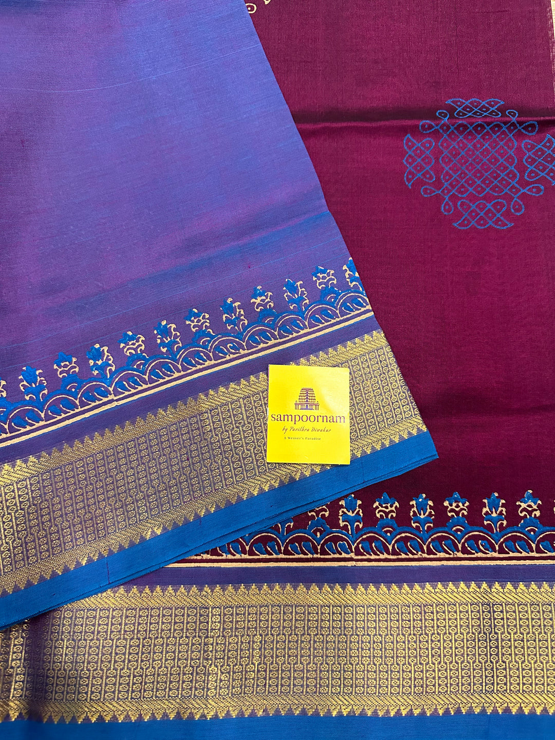 Plum Colour with Blue Kolam Handblock Printed Silk Cotton Saree