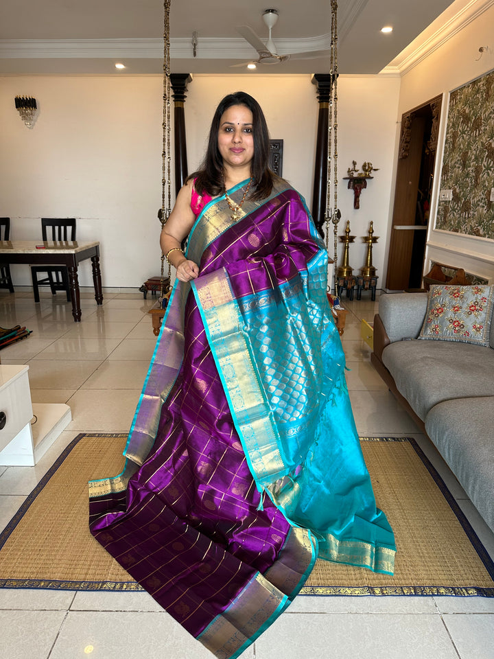 Purple with Blue Mayil Chakram Silk Cotton Saree